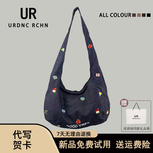UR原创新款刺绣图案牛仔帆布包女2026休闲百搭单肩腋下斜挎托特包