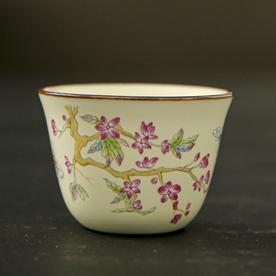 汝窑茶杯小号迷你潮汕功夫杯子品茗杯30ml茶碗陶瓷米黄茶盏紫藤花