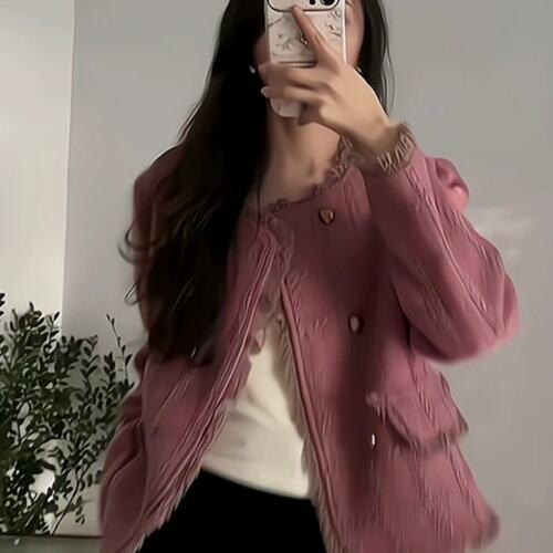 韩版秋冬新款时尚小香风名媛粉色小个子短款高级感正肩外套女