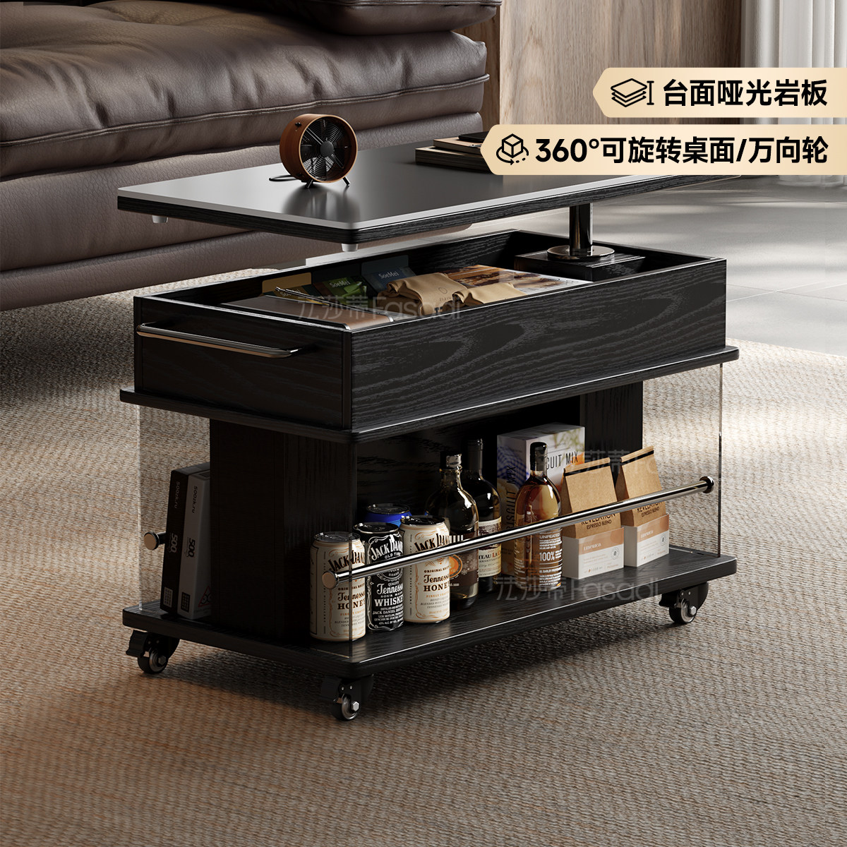 法莎蒂可移动升降高级茶几沙发边几客厅家用中古边几小推车置物架