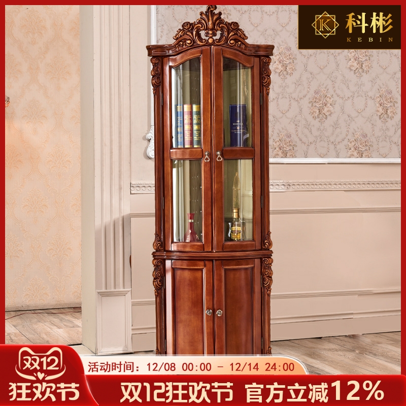 欧式酒柜 美式仿古深色实木双门雕花装饰柜客厅玻璃储物展示柜子