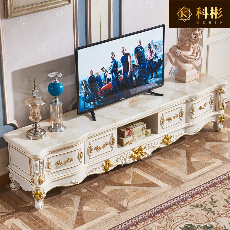 欧式大理石电视柜美式别墅客厅实木雕花描金银地柜储物柜茶几组合