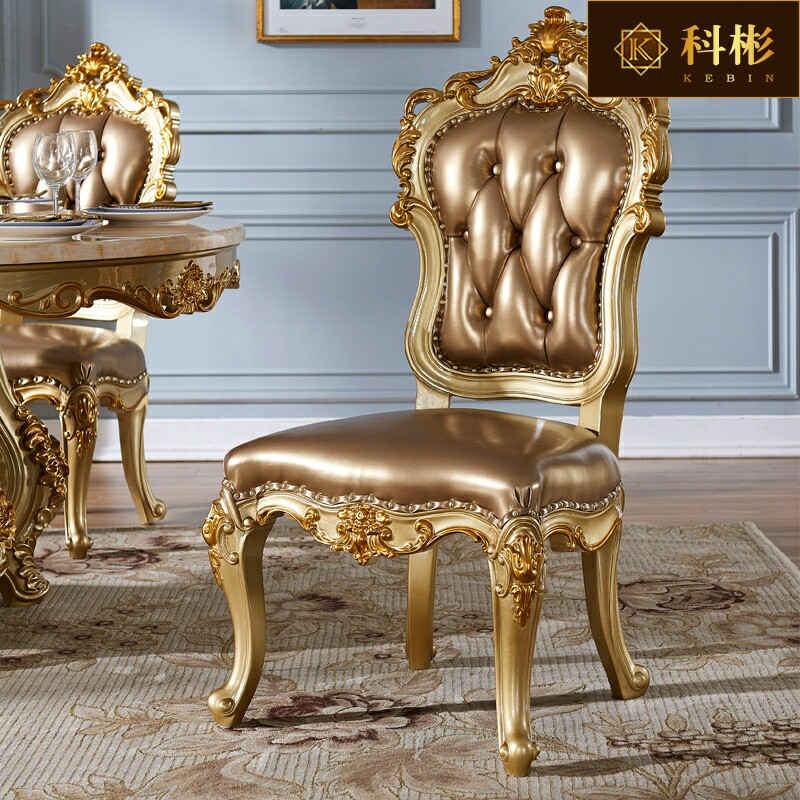 欧式餐椅 美式宫廷豪华香槟金全实木皮椅双面雕花家用餐椅书桌椅