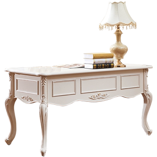 欧式实木书桌 美式实木雕花白色描金描银办公桌写字台电脑一体桌