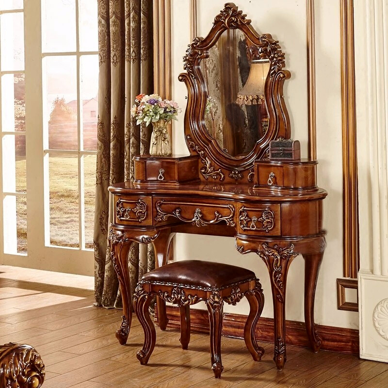 欧式实木雕花梳妆台美式别墅奢华高档卧室化妆桌化妆台一体梳妆桌