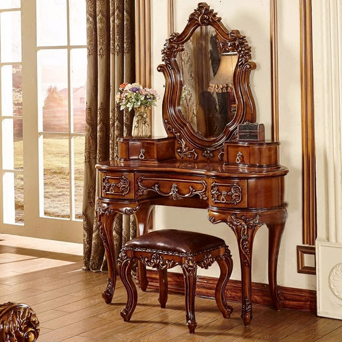 欧式实木雕花梳妆台美式别墅奢华高档卧室化妆桌化妆台一体梳妆桌