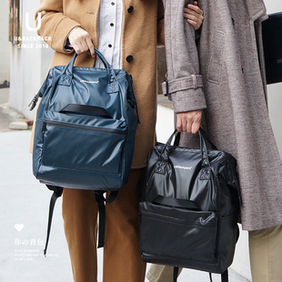 日本乐天全防水双肩包男女生高档软皮通勤背包离家出走包电脑书包