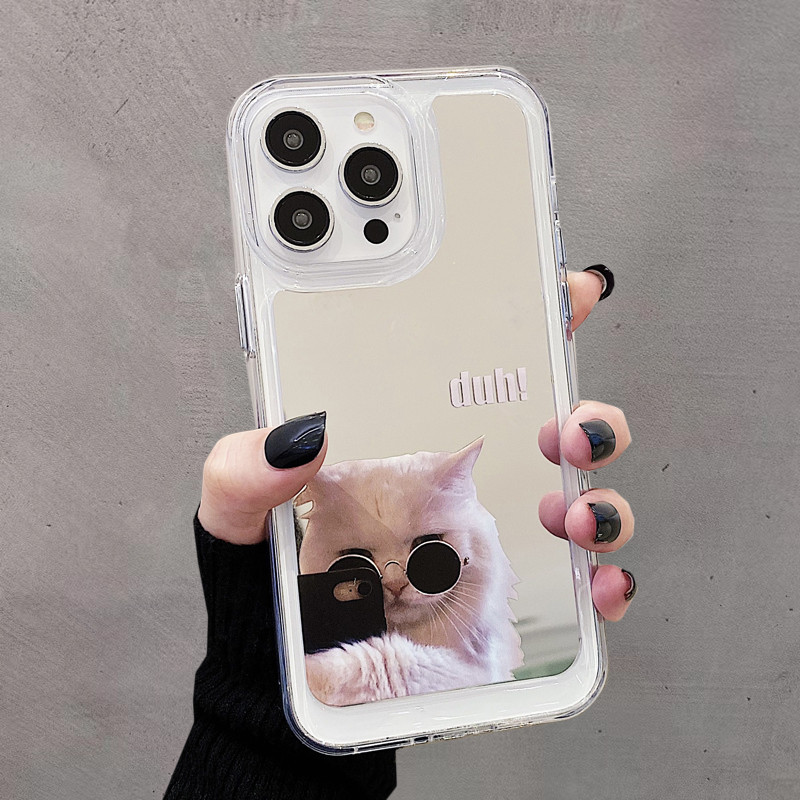 墨镜猫咪适用iphone15pro苹果16promax手机壳13新款11补妆镜面12pro有趣创意全包全包防摔镜子保护套14pro女