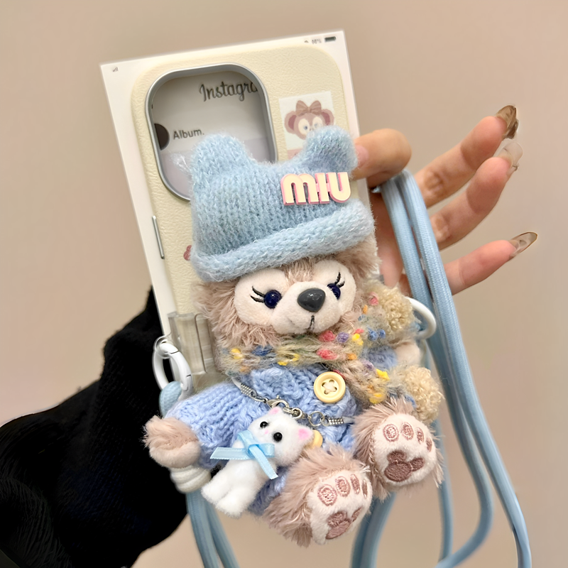 秋冬蓝色毛绒公仔适用iphone15pro苹果16手机壳11毛绒卡通12pro背夹斜挎带挂绳13promax全包防摔保护套14可爱