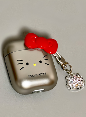 适用Airpods pro3耳机保护套红色蝴蝶结电镀KT猫苹果耳机套AirPods1/2代/3保护壳带吊坠airpods4代蓝牙耳机壳