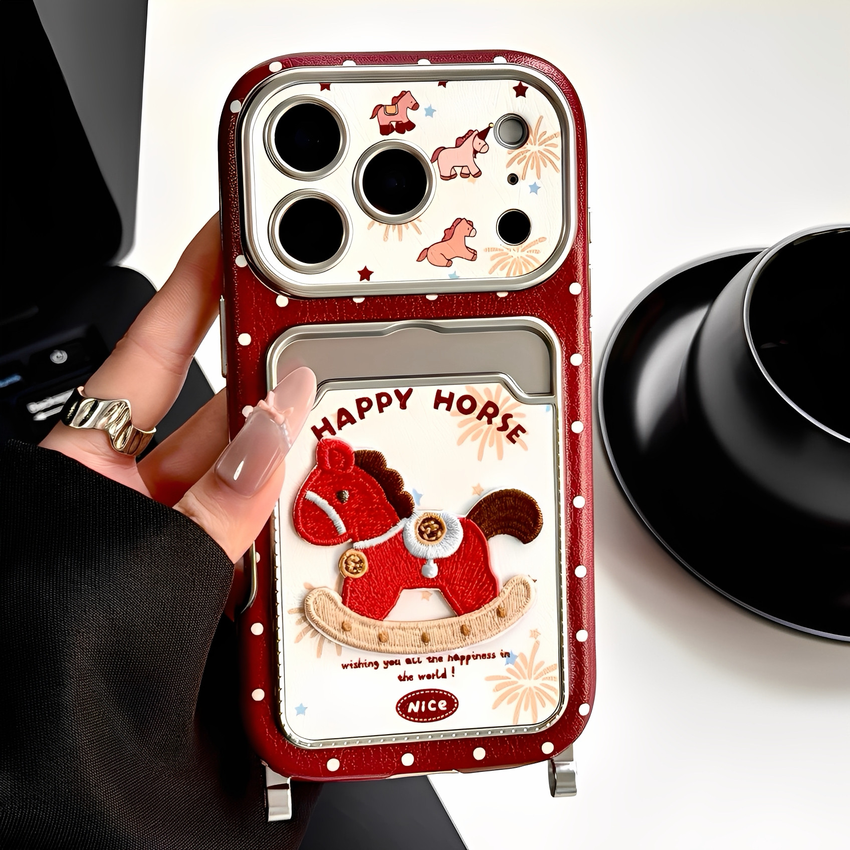 可爱刺绣木马烟花适用iphone16pro苹果17手机壳13立体15pro小众14proamx全包防摔皮质卡包保护套可插卡创意女