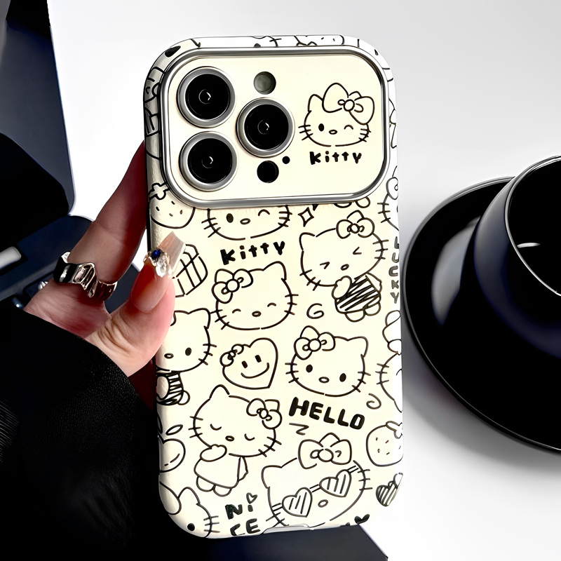 皮质可爱HelloKitty适用iphone15pro苹果16手机壳11简笔画12/13pro小众14promax全包镜头防摔保护套女高级感