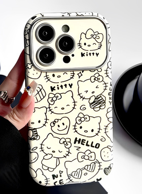 皮质可爱HelloKitty适用iphone15pro苹果16手机壳11简笔画12/13pro小众14promax全包镜头防摔保护套女高级感