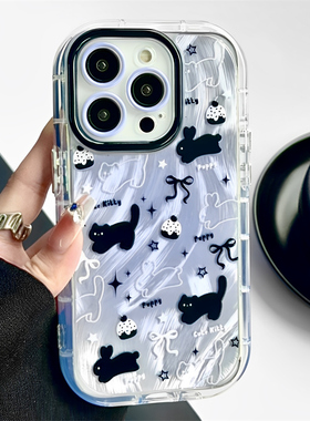 紫色晕染羽纱兔子适用iphone14/15pro苹果16手机壳11可爱12pro小众13promax全包镜头防摔保护套线条油画女款