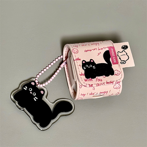 适用Airpods pro3耳机保护套皮质韩风英文猫咪苹果耳机套AirPods1/2代/4保护壳带吊坠airpods3代蓝牙耳机壳女