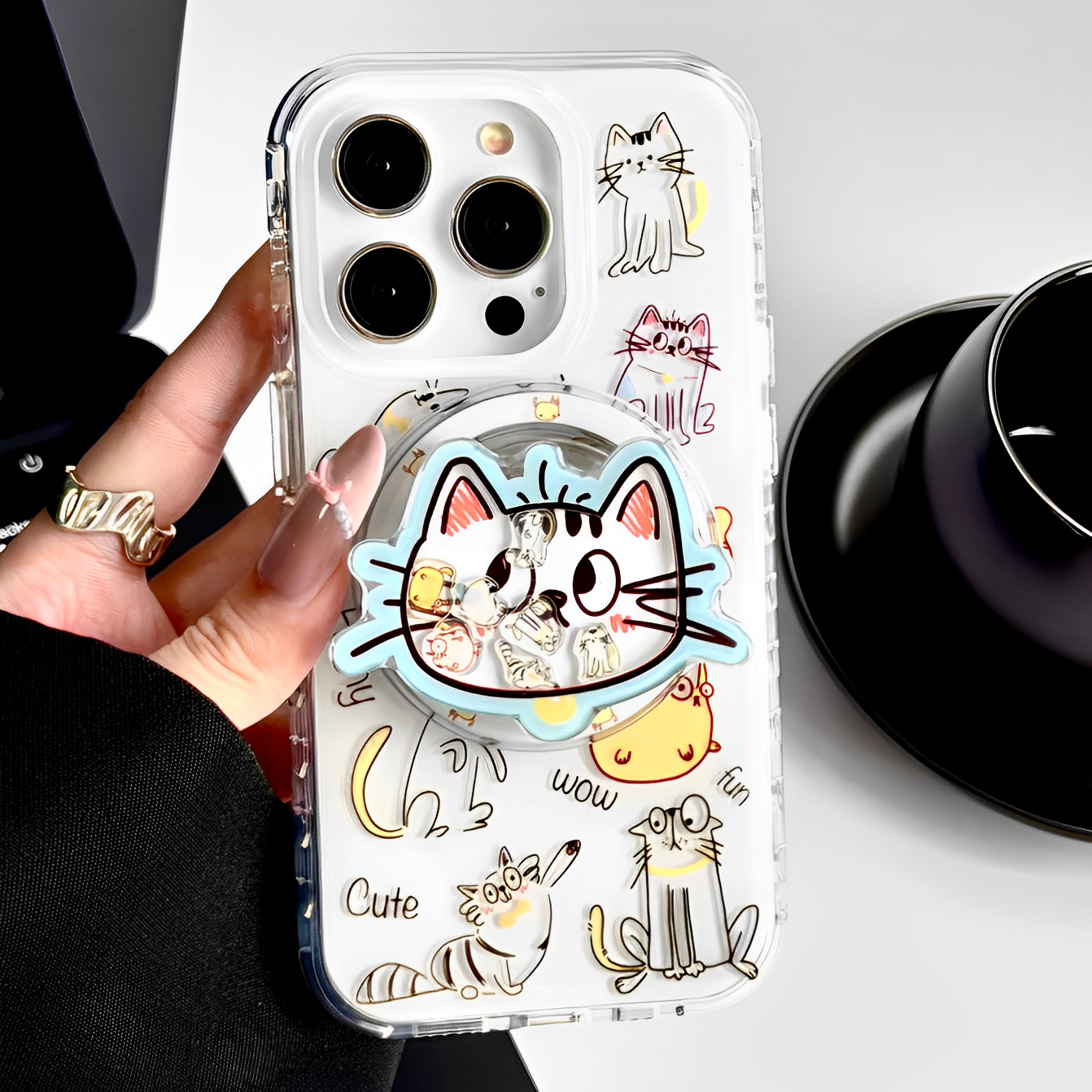 趣味铅笔画猫咪适用iphone16promax手机壳苹果15强磁吸12pro带支架13韩国卡通14pro全包防摔保护套高级感女款