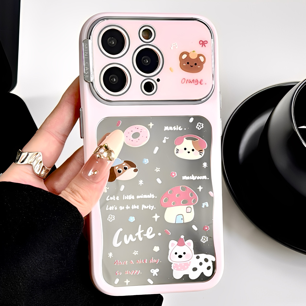 镜面蘑菇小屋狗狗适用iphone16promax苹果15手机壳13大视窗14pro全包镜头防摔保护套16Pro补妆镜韩国卡通女款