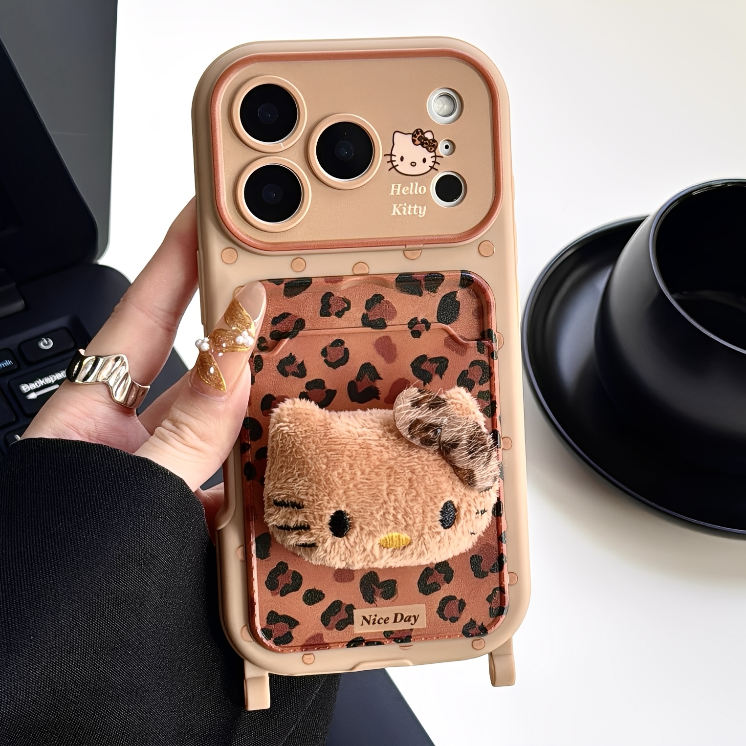 潮牌豹纹猫咪卡包适用iphone16pro苹果17手机壳新款15pro创意可插卡14proamx全包防摔外壳带挂绳13秋冬高级感
