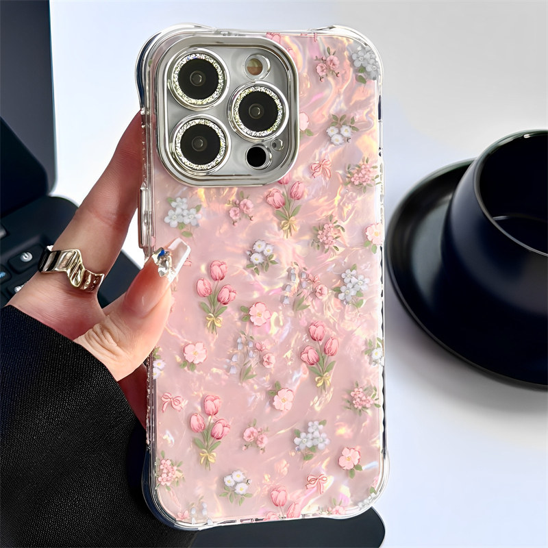 夏天小清新贝壳纹花朵适用iphone15pro苹果16手机壳11唯美12pro小众13promax全包四角防摔保护套带镜头膜女款