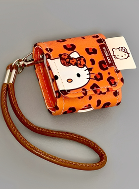 适用Airpods Pro3耳机保护套橙色皮质豹纹猫咪苹果耳机套AirPods1/2代保护壳带挂绳airpods4/3蓝牙耳机壳女款