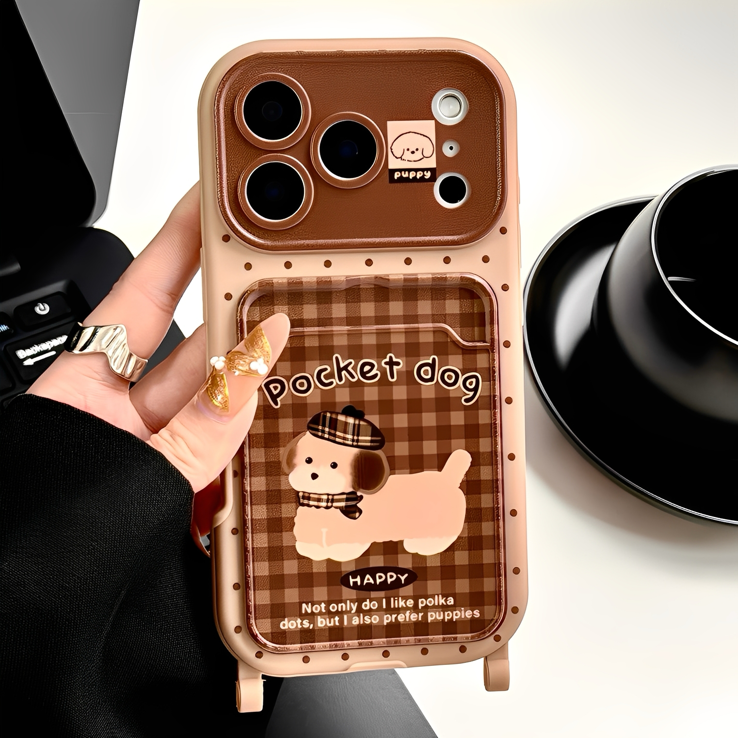 创意格纹卡包狗狗适用iphone16pro苹果17手机壳13秋冬新款15pro可插卡带挂绳14proamx全包防摔超好看外壳女款