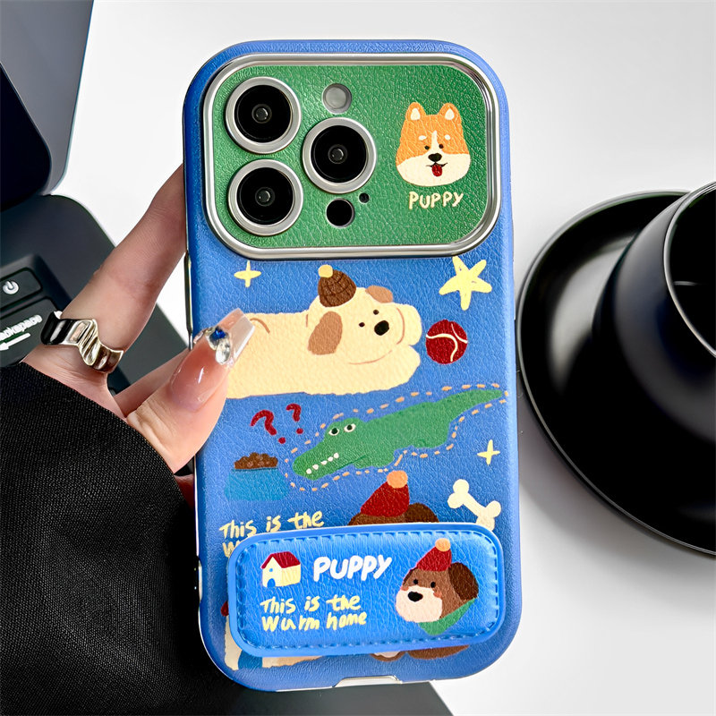 油画可爱狗狗支架适用iphone15pro苹果16手机壳13pro新款创意14promax全包镜头防摔保护套15韩国卡通女高级感