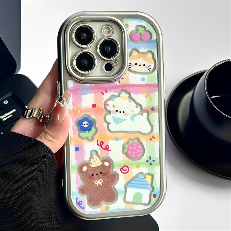 电镀油画格纹小熊适用iphone15pro苹果16手机壳14可爱12pro小众13promax马卡龙色全包防摔硅胶保护套女高级感
