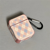 适用AirpodsPro耳机保护套蓝粉撞色格纹苹果耳机套AirPods1 2代保护壳网红小香风airpods新3代无线蓝牙耳机壳