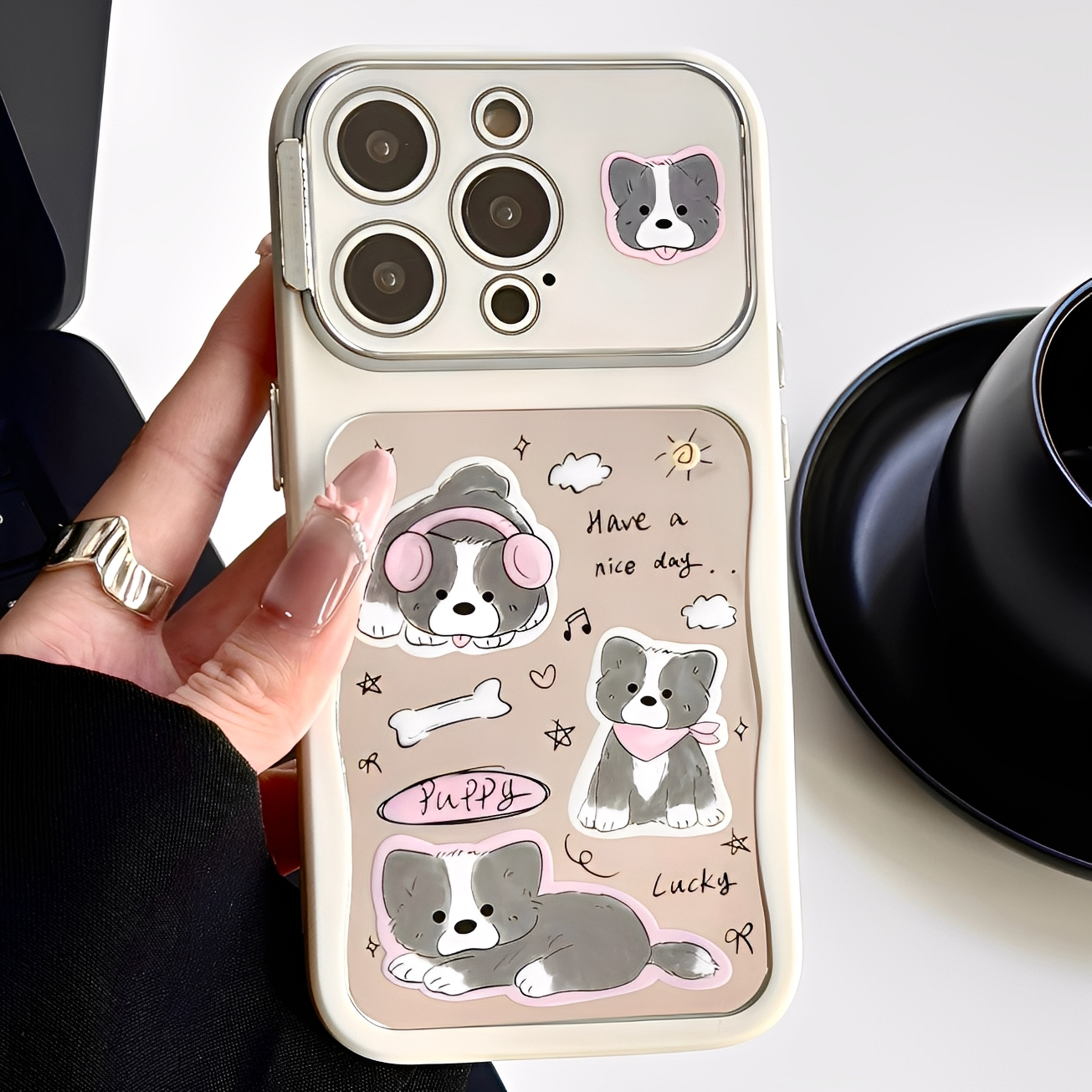 镜面奶灰色狗狗适用iphone16pro苹果17手机壳新款15pro小众大视窗13proamx全包防摔超好看外壳14可爱女高级感