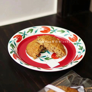 中古芬兰小众红色木槿花陶瓷蛋糕盘日式复古下午茶圆形点心甜品盘