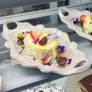 法式宫廷浮雕双耳椭圆甜品蛋糕盘窑变陶瓷西餐盘ins牛排沙拉餐盘