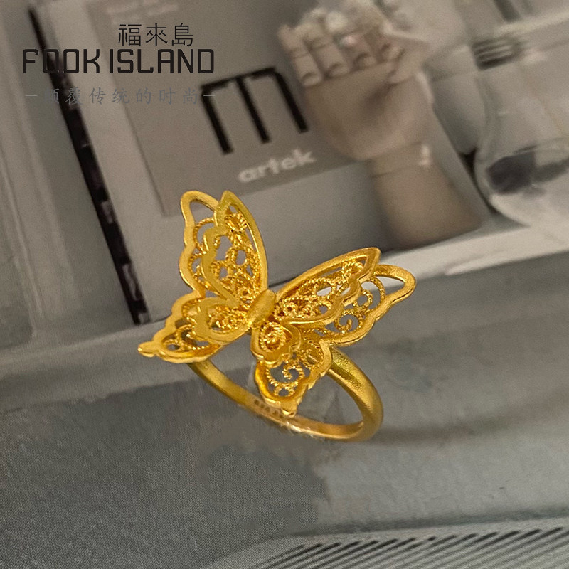 福来岛黄金戒指时尚双层蝴蝶结戒指古法金999足金简约新款女首饰