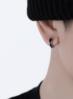 S925纯银黑色滴釉光面耳环男潮酷痞帅小众设计高级感简约耳圈耳饰