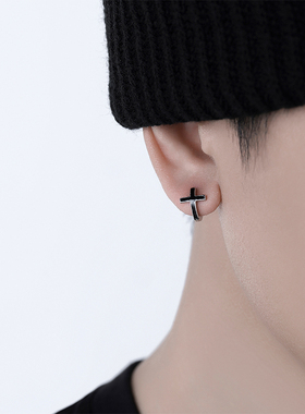 S925纯银黑色十字架耳钉男潮流复古小众设计气质个性嘻哈耳扣耳饰