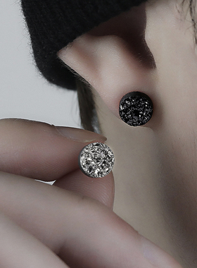S925纯银天然晶簇耳钉男潮高级感小众痞帅黑色耳环女防过敏耳饰