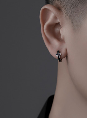 S925纯银黑色滴釉十字架耳环男高级感耳钉男士耳扣耳圈冷淡风耳饰