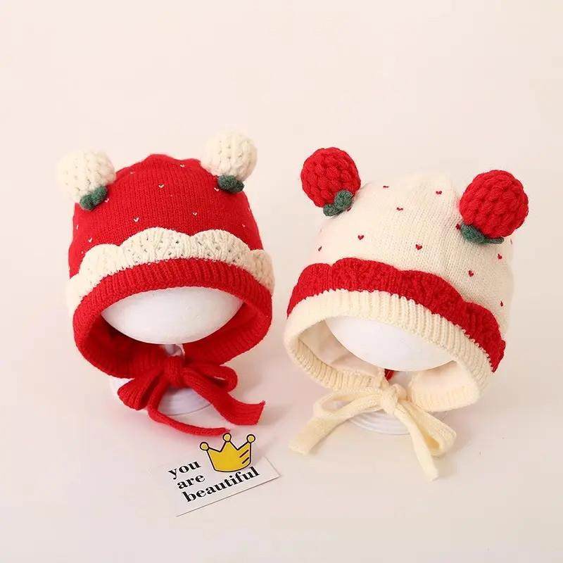 女宝宝公主风洋气新款毛线帽子婴幼儿帽子秋冬季套头帽男童护耳帽