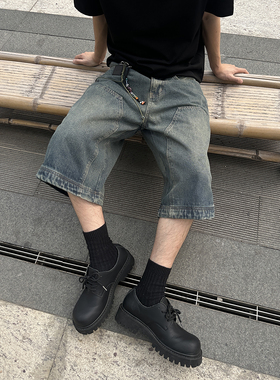 Evoluer 夏季美式复古水洗做旧牛仔裤街头潮流廓形宽松七分裤男女