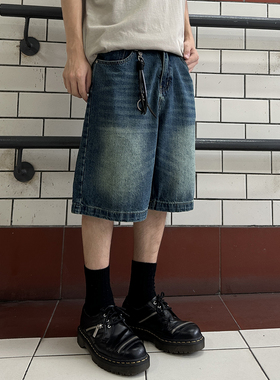 GOFLEX夏季水洗做旧褪色复古休闲牛仔裤直筒宽松街头潮流短裤男女