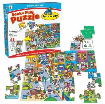 现货 城市的乐趣 英文原版 Seek and paly puzzles: fun in the city 24块拼图 48块趣味卡片 儿童娱乐 Kelly Warfield