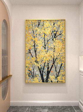 黄色餐厅壁画法式竖版艺术落地式纯手绘油画卧室抽象玄关挂画