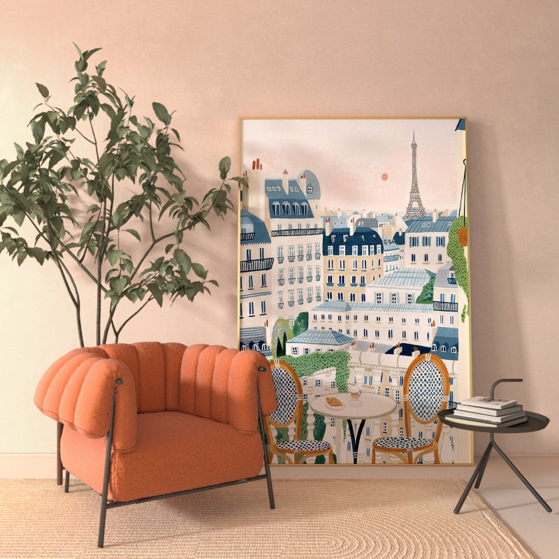 巴黎屋顶的风景 治愈系水彩画小众客厅餐厅背景墙装饰画落地挂画