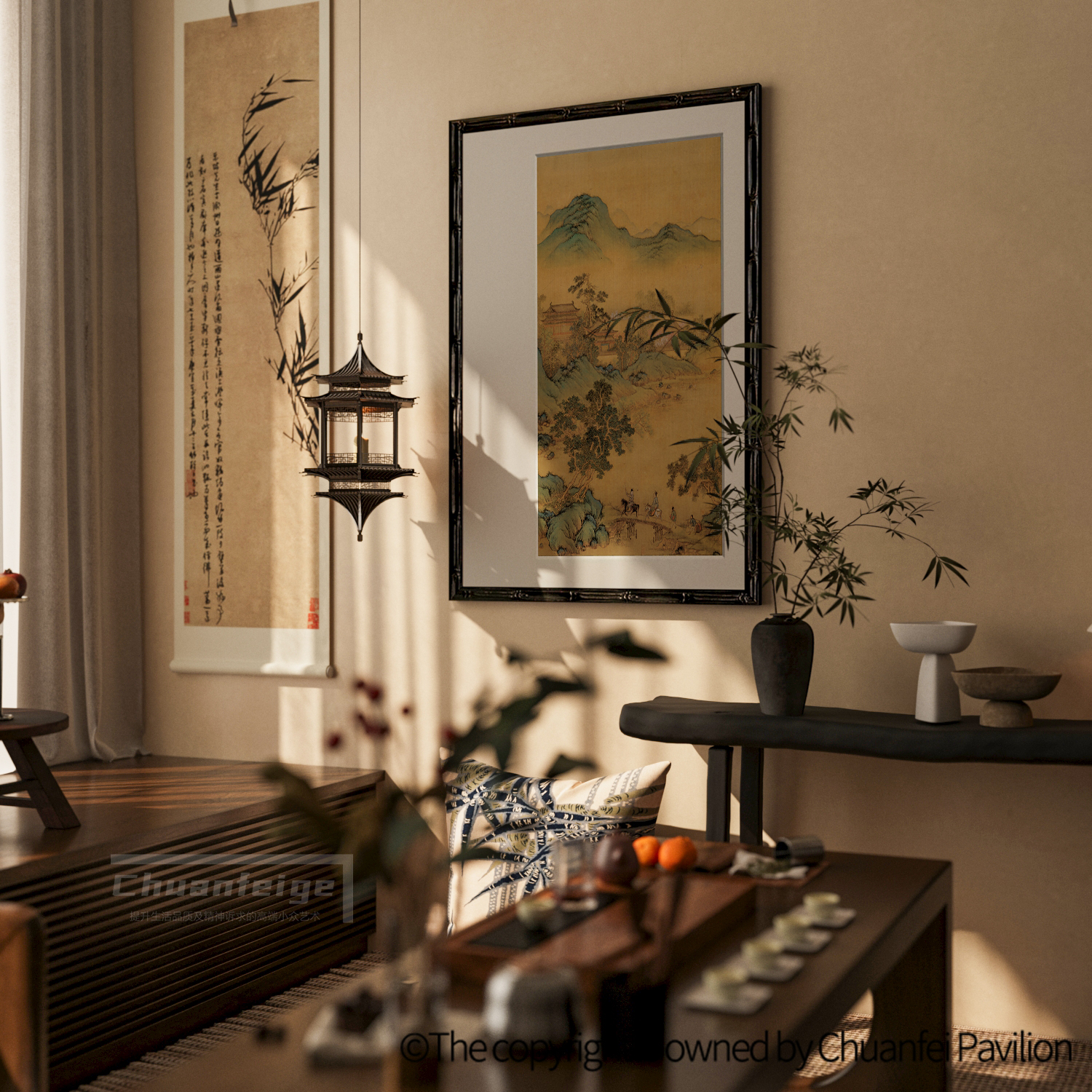 新中式沙发背景客厅装饰画禅意复古山水民宿玄关壁画风景茶室挂画