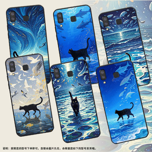 适用三星A7手机壳C9Pro防摔SamsungJ4Plus海面上黑猫SM-J610F三星A6s高级SM-G8870耐磨GalaxyA01Core保护套
