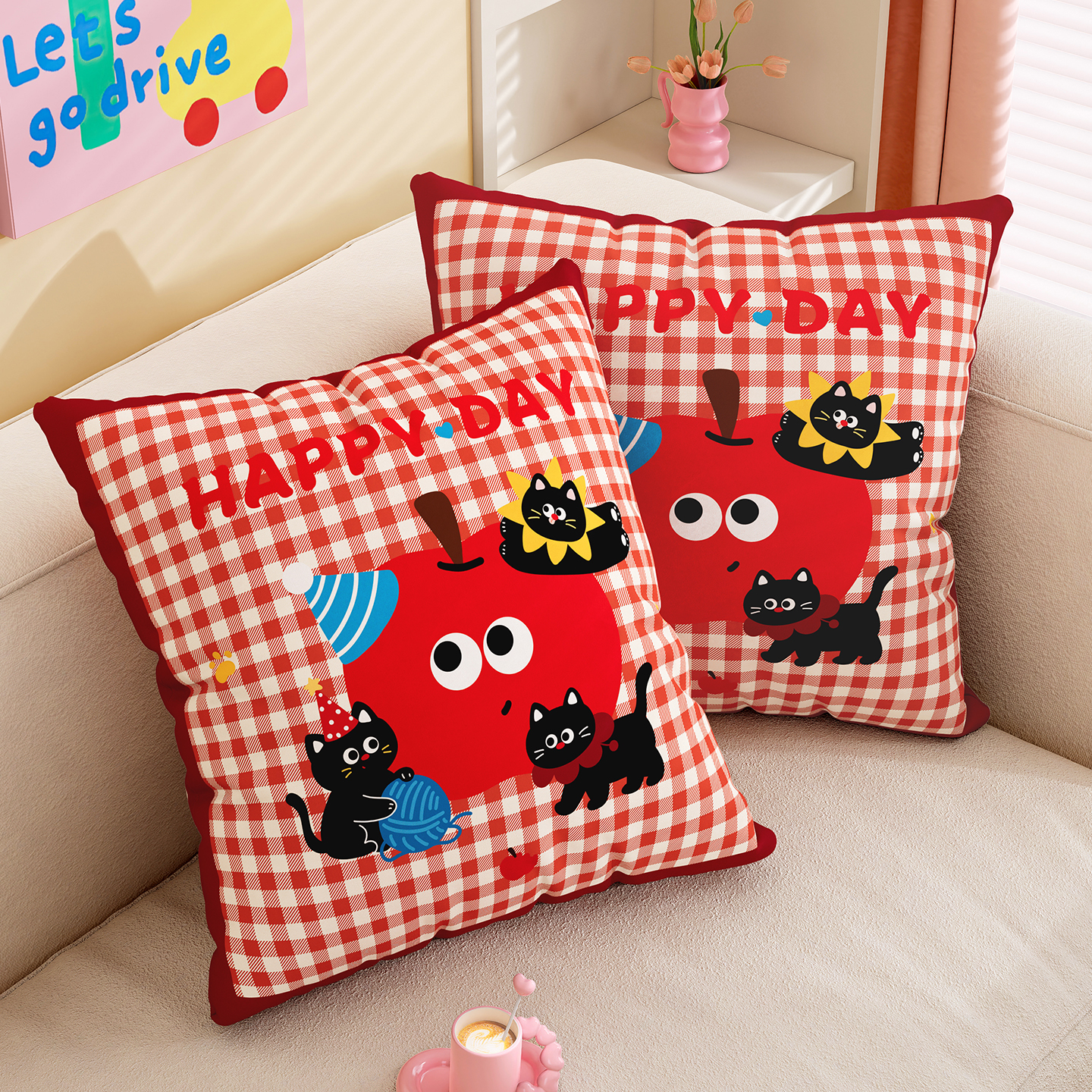 卡通客厅沙发抱枕卧室床头靠枕靠垫红色喜庆抱枕套靠背含芯可拆洗