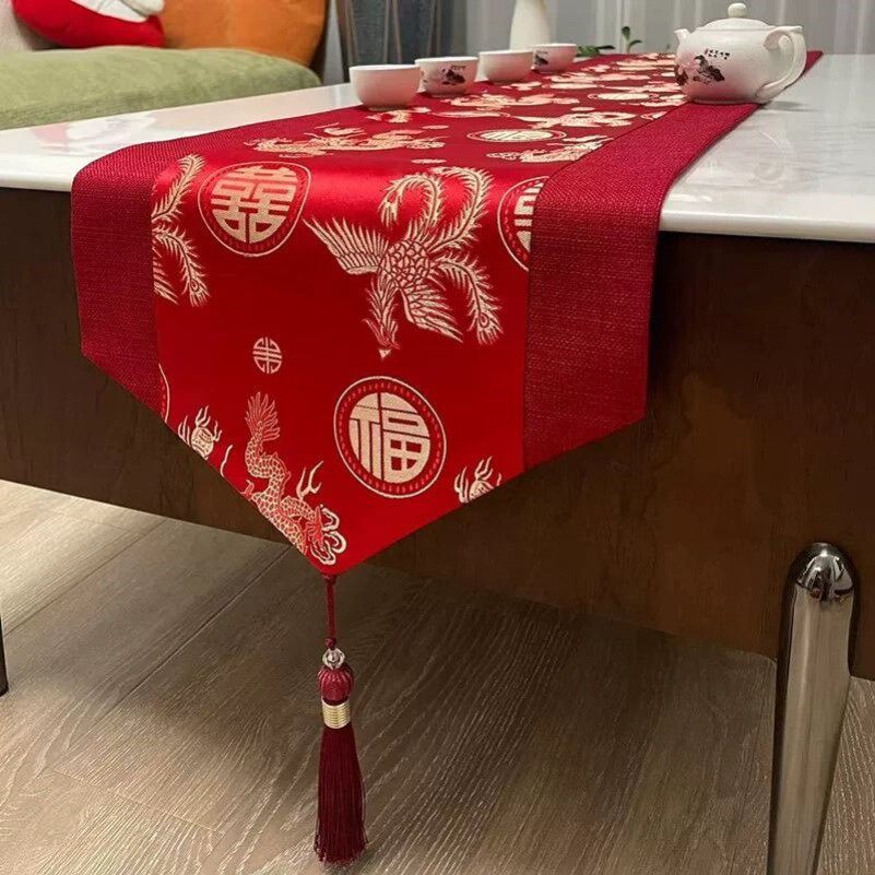 结婚中式餐桌桌旗红色桌布喜庆装饰中国长条盖布婚礼婚庆茶几