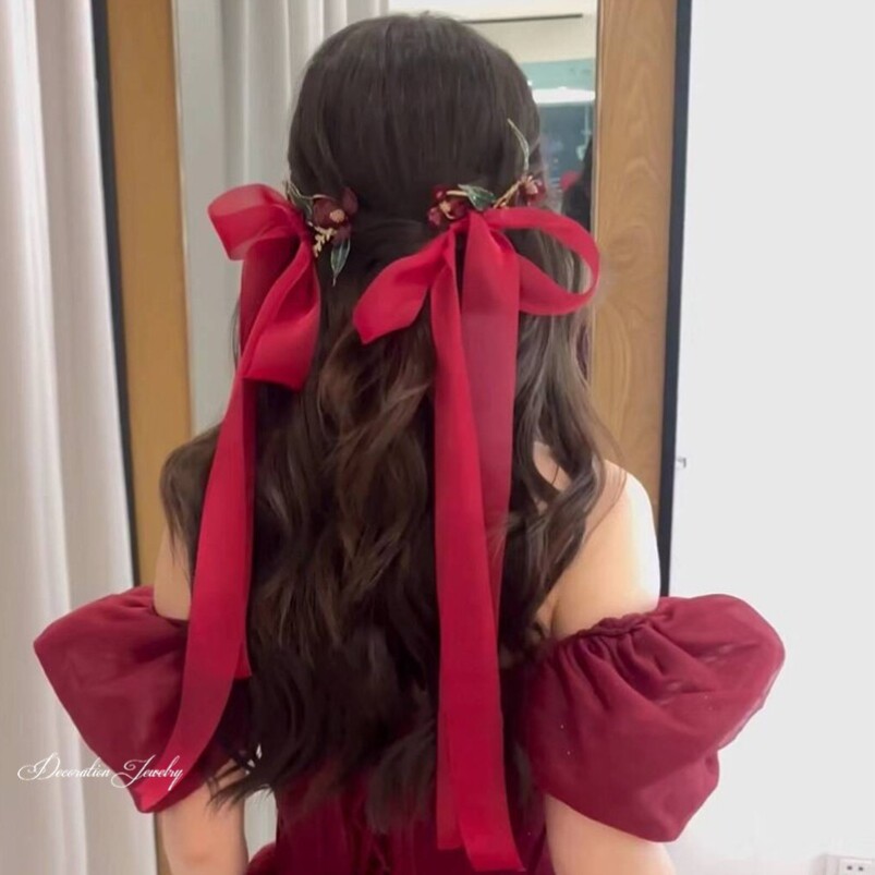 敬酒服头饰新娘森系超仙酒红色郁金香花朵发簪绒布发带婚礼服配饰图片