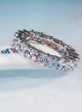 PT950铂金进口莫桑石排戒简约风纯银满钻指环公主方排戒可以叠戴