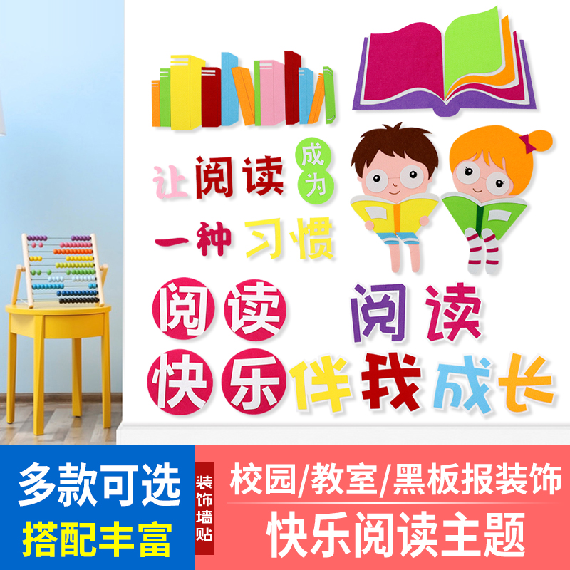 快乐阅读黑板报装饰文化墙贴读书角小学教室布置材料创意个性贴画图片