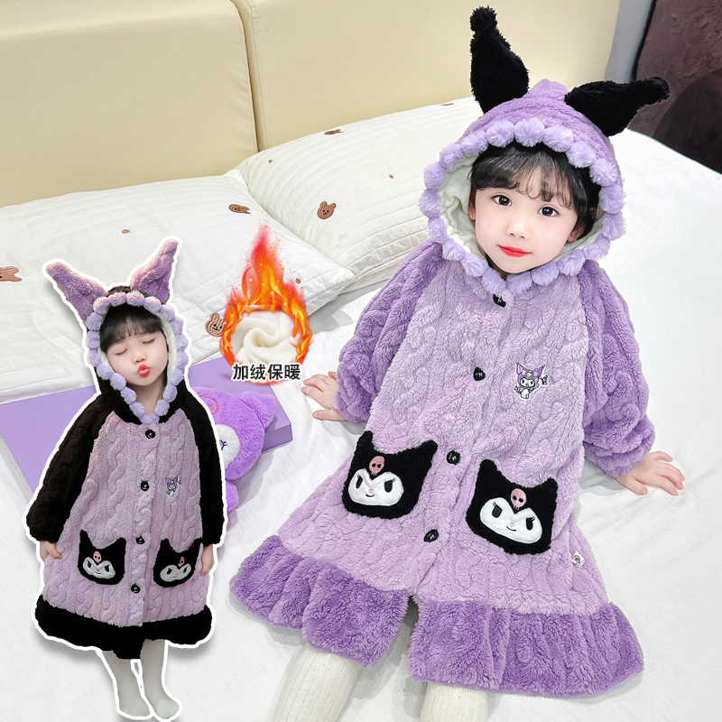 女孩珊瑚绒睡袍秋冬季宝宝法兰绒睡衣双层加厚保暖儿童家居服浴袍